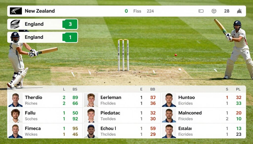 A detailed and visually engaging scorecard displaying the player statistics from the match between New Zealand and England. In the foreground, include various player profiles featuring headshots and key performance stats such as runs scored, wickets taken, and fielding contributions, presented in a clean, organized layout. The middle layer should depict a vibrant graphic background representing a cricket field, with iconic elements like stumps and a cricket ball subtly integrated. The overall lighting should be bright and natural, simulating a sunny match day. The mood is competitive yet celebratory, capturing the essence of standout player performances in an exciting cricket match. Avoid any text overlays, ensuring the focus remains solely on the visuals of the statistics.