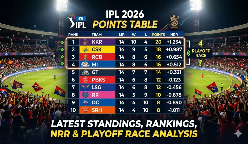 ipl 2026 points table, ipl standings 2026, team rankings, nrr, playoff race, srh pbks rcb rr gt csk table